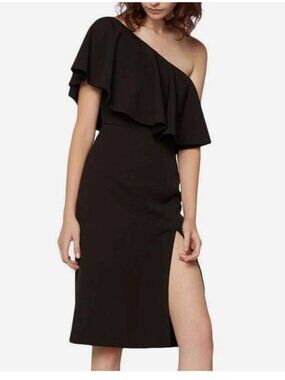 NWT Frame and Partners One Shoulder Mini Dress Black High Slit LBD party US 2